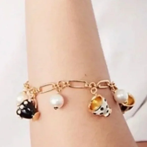 Gold Link Charm Bracelet with Black & White Enamel Teacup Charms and Pearls - Picture 2 of 4